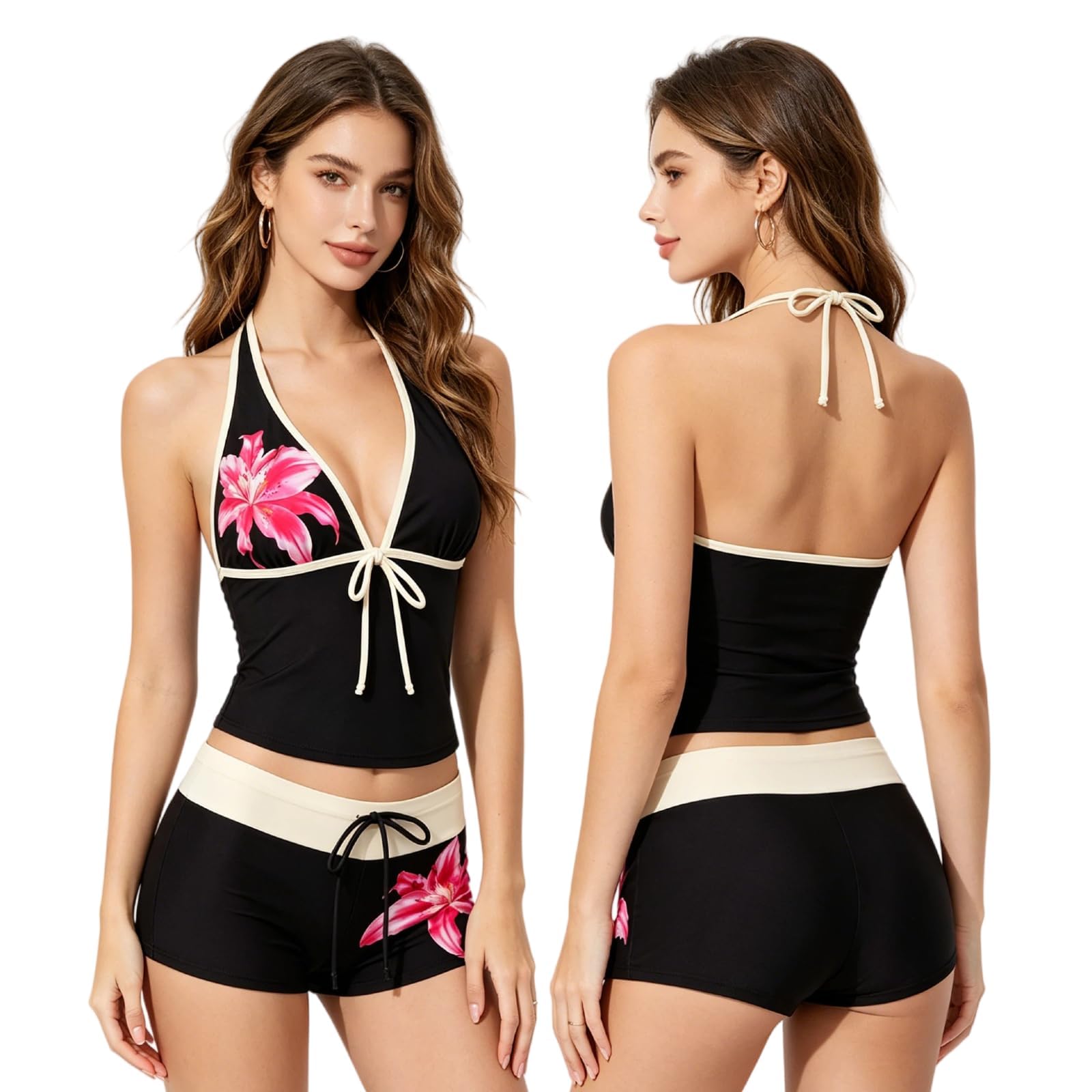 Generico Costume da Bagno 2 Pezzi Tankini Push up Donna Scollo a V Y2K Costume Mare Due Pezzi da Bagno con Incrocio sul Retro e Design Forato Sexy con Controllo della Scollo a V Beachwear Swimwear