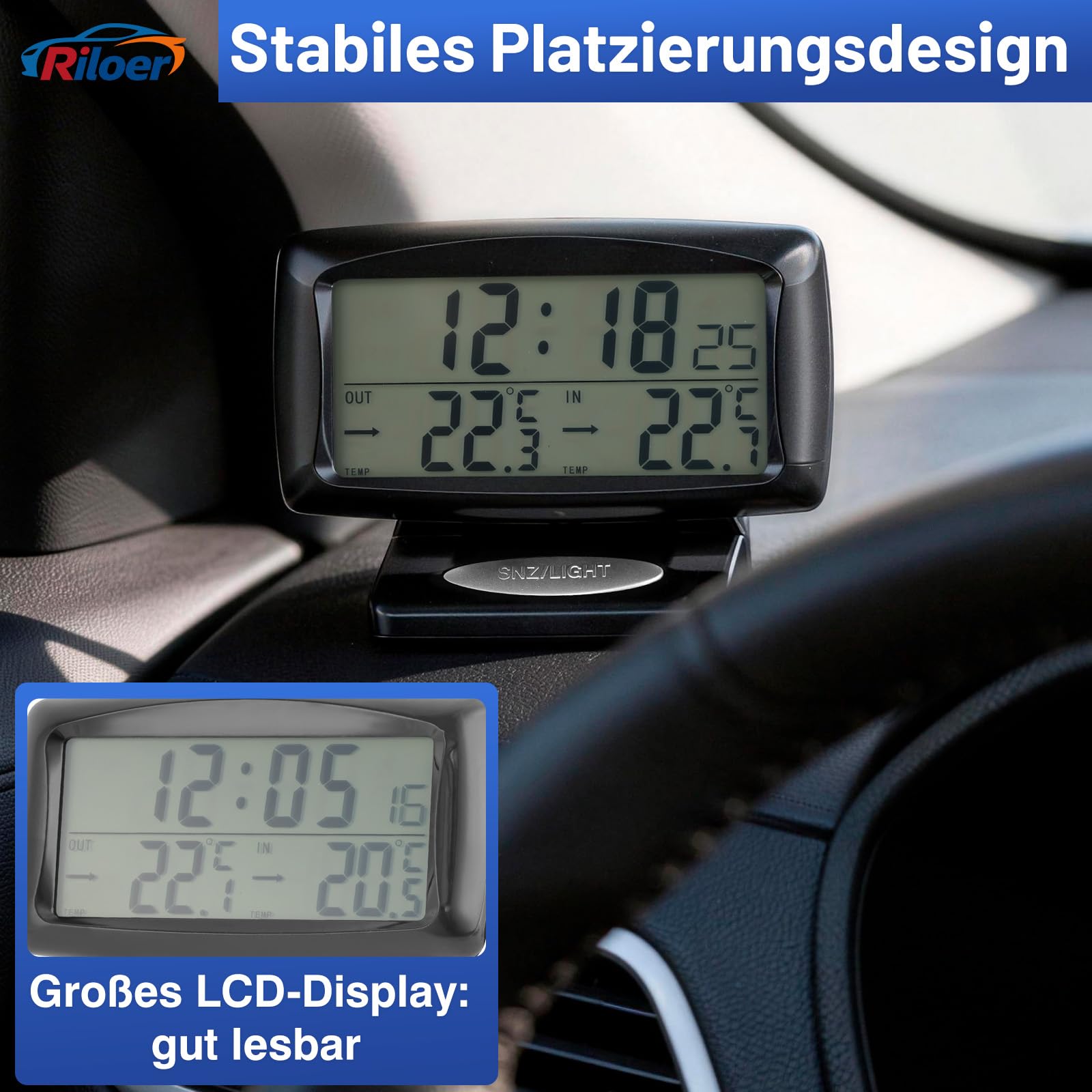 Auto Innen und Außen Temperaturmessgerät, Thermometer Elektronische Uhr Blaue LCD Hintergrundbeleuchtung, für Auto mit Digitalanzeige und Thermometer,temperaturmessgerät innen außen