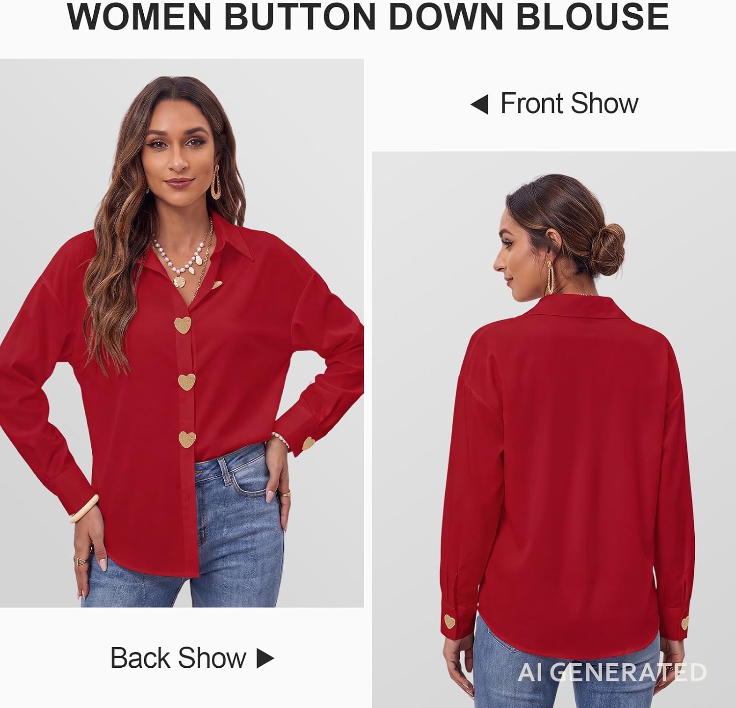 Button Down Shirts for Women Long Sleeve Casual Blouses XS-XL | Smooth Fabric,Fitted Button Up,Heart Shaped Metal Buttons,Structured Collar,Suitable for Office Formal Wear