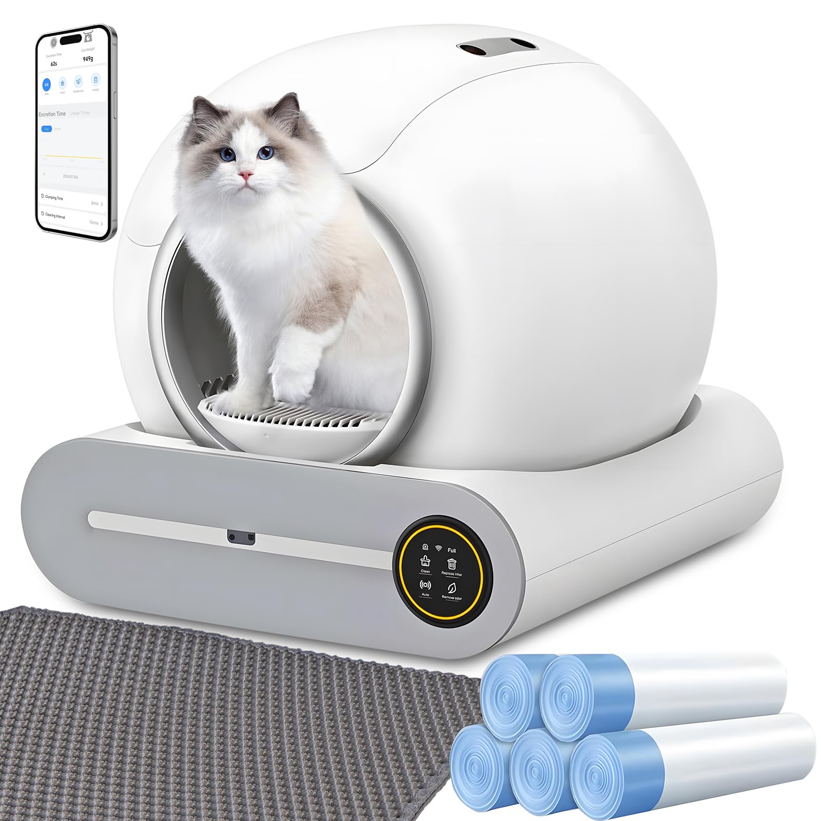 XQDKoon Lettiera Gatto Autopulente 65L + 9 L, Lettiera Automatica per Gatti con Monitoraggio Sanitario APP, Deodorante Ionico Lettiere Autopulenti Gatti 5 Sacchi Spazzatura e Tappetini Gatto