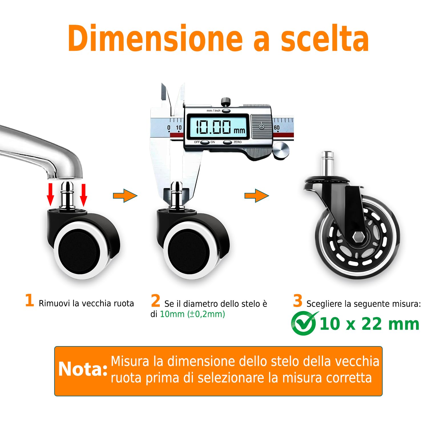 Ruote Sedia Ufficio 10x22mm Compatibile con Sedie IKEA - Rotelle Sedia Ufficio Parquet per Sedia Gaming da 10mm - 5 PCS di Ricambio in Gomma o Silicone Resistenti che Supportano Fino a 300 kg