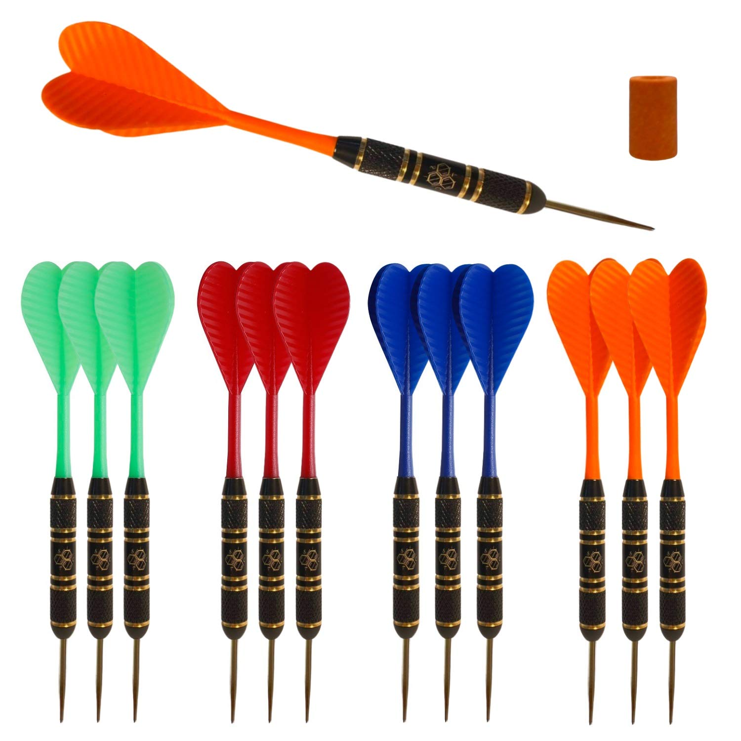 Steel Tip Darts Set |12 pc Bar Darts; 3 of Each Color; Perfect Fun Darts for 4 Players Throwing Metal Tip On Dartboard in Family Game Room, Man Cave