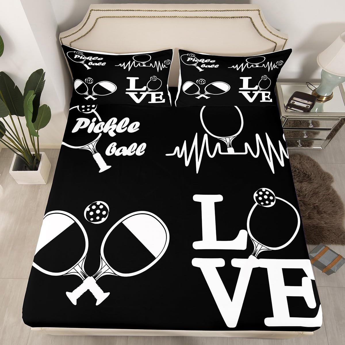 Drap-housse pickleball enfant noir avec deux taies d'oreiller pour lit simple