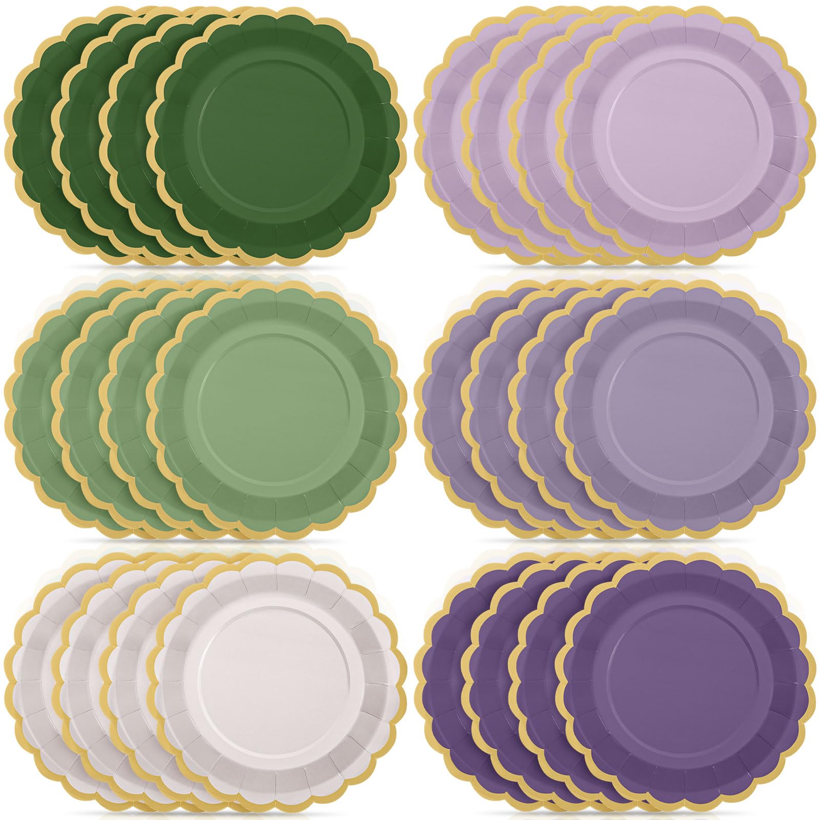 Tiangrid 48 Pcs Sage Green Purple Paper Plates 9 Inch Lavender Scalloped Paper Disposable Dinner Dessert Plates for Birthday Wedding Bridal Party