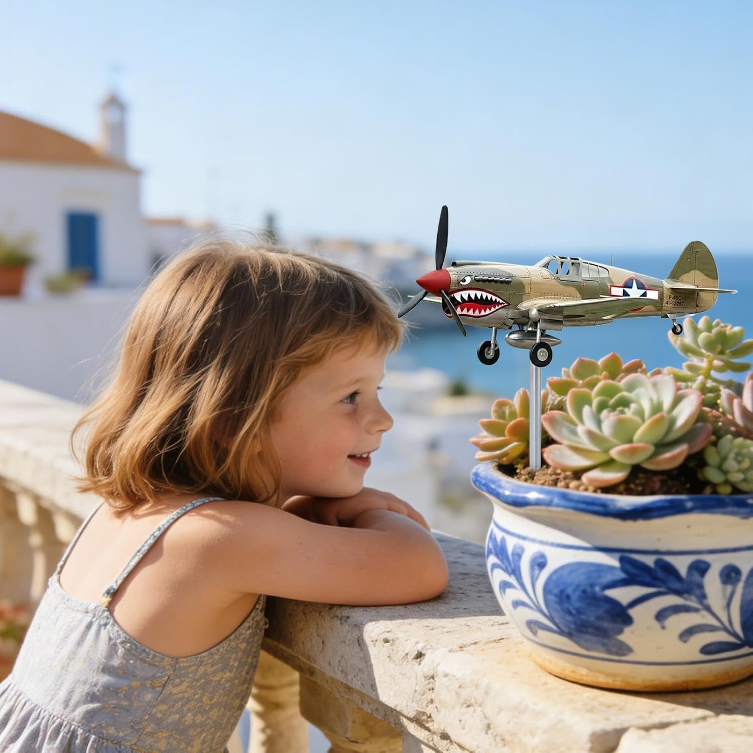 Shark Mouth Fighter Garden Wind Spinner | Metal Weathervane, 9.8in X 9.8in, 3D Powered Iron Windmill | Outdoor Propeller Plane Spinner for Yard & Garden Decor | Aircraft Sculpture