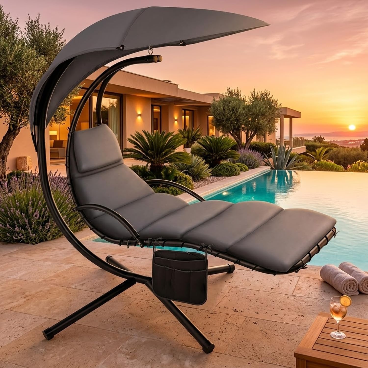 BRICOZONE Sdraio a Dondolo Sospesa con Ombrellone Parasole Integrato Cuscino Imbottito Amaca da Giardino in Acciaio e Poliestere per Esterno Terrazzo Bordo Piscina 195 x 132 x 197 cm Grigio