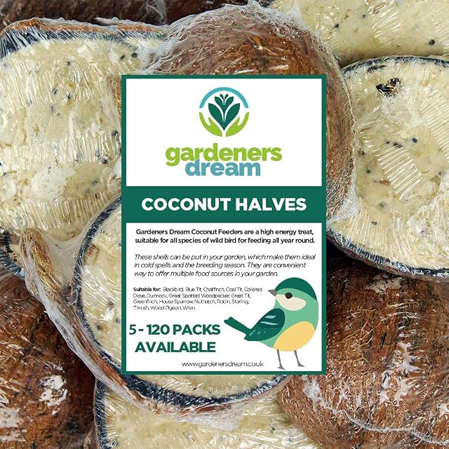 GardenersDream Suet Filled Coconut Halves | Premium Wild Bird Food | Protein-Rich, High Energy Feed | Sunflower Seeds and Cereal Oat | Healthy Development for Birds | Year-Round Feeding (5 Pack)