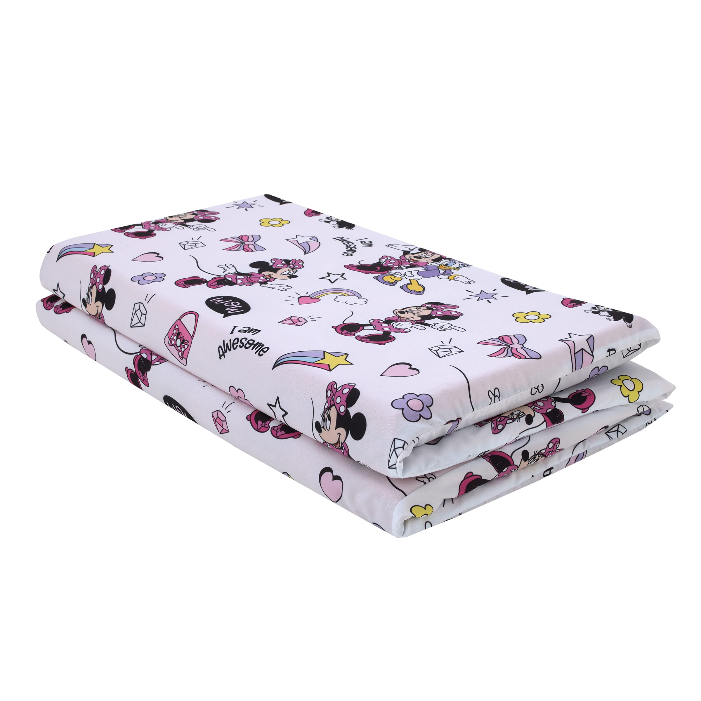 NoJo Disney Minnie Mouse I am Awesome Lavender, Pink and White, Daisy Duck Rainbow Hearts and Stars Preschool Nap Pad Sheet