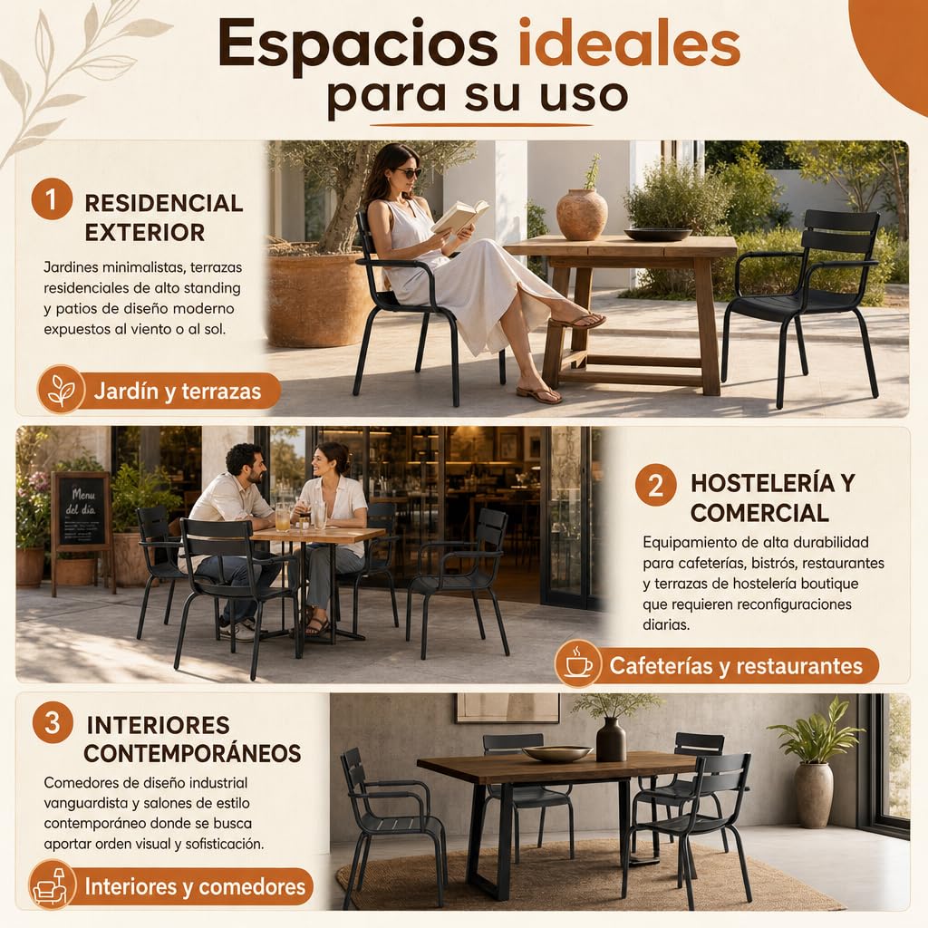 Silla de Metal de Estilo Contemporáneo para Jardín y Terraza | Negro