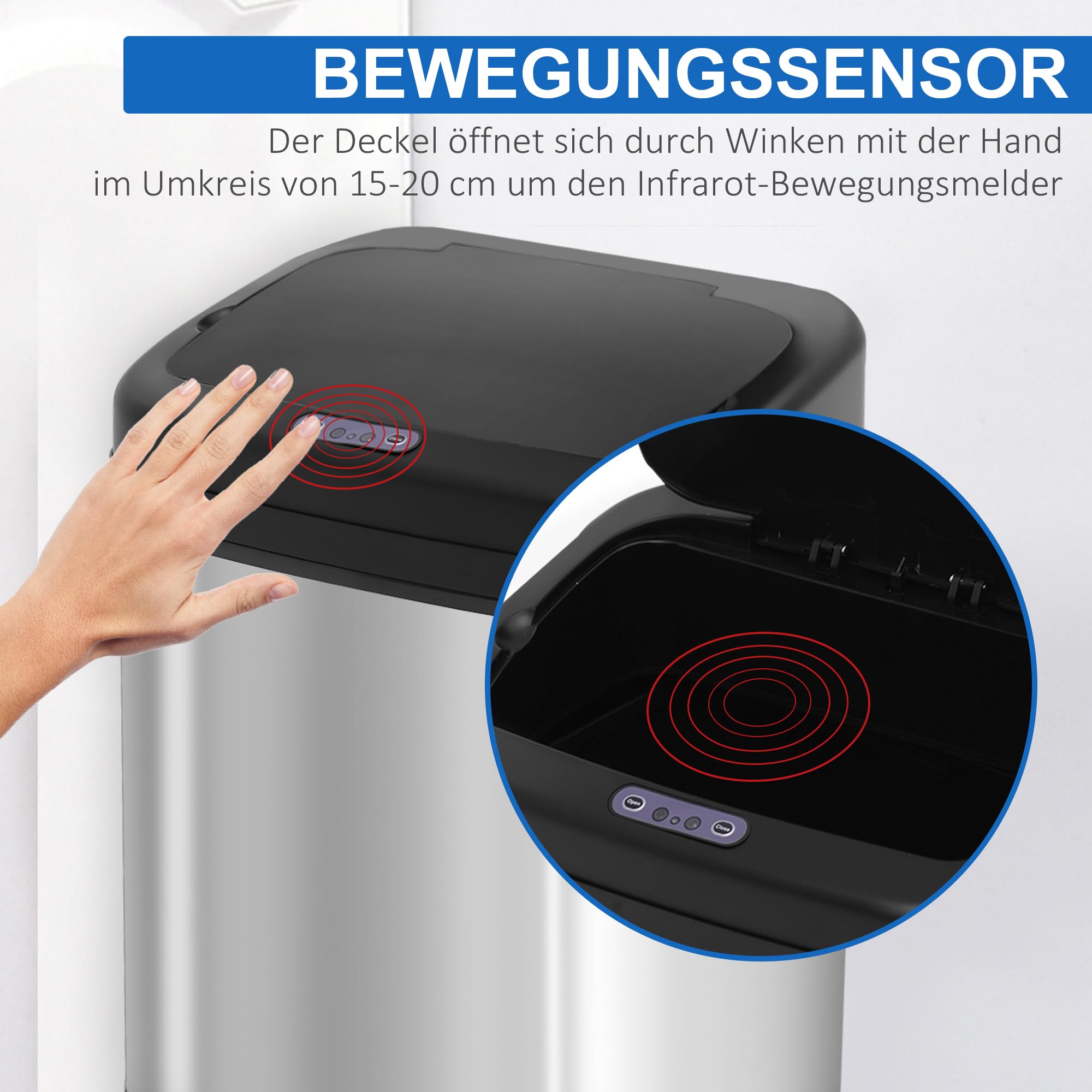 HOMCOM Sensor Mülleimer 20L Edelstahl mit Bewegungssensor Silber+Schwarz | Automatischer Mülleimer, Abfalleimer mit Inneneimer, Müllbehälter, Abfallbehälter für Büro, Schlafzimmer, Küchen