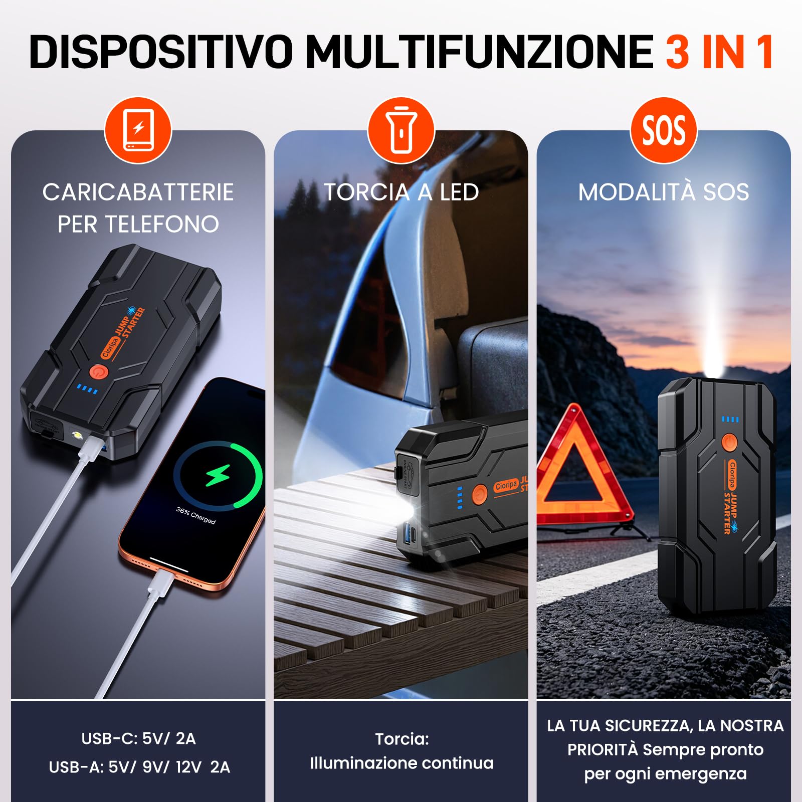 Booster Avviamento Auto 8000A - 14.8V Avviatore Batteria Auto 59.2Wh per Auto per Motori 9.0L Benzina e 8.5L Diesel, LED Avviatore di Emergenza per Auto con cavo di sicurezza
