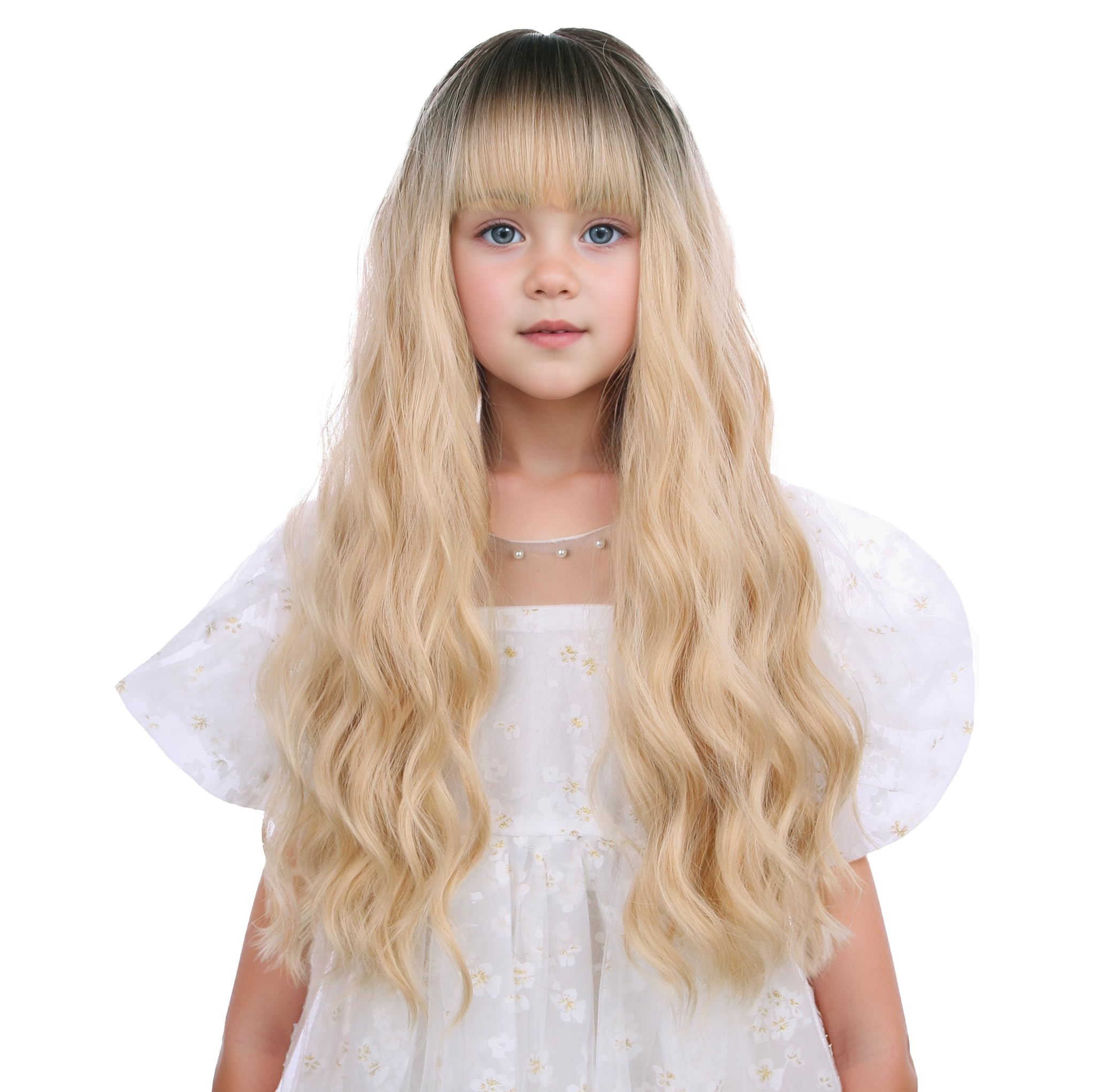 Edivd Black Ombre Blonde Wig for Kids Girls Long Black to Blonde Wig with Flat Bangs Toddler Long Wavy Curly Hair Heat Resistant Synthetic Hair with Cap