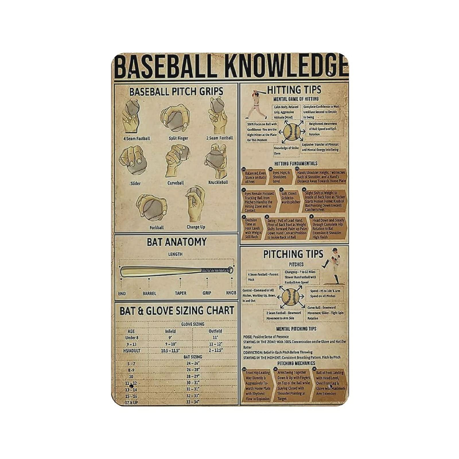 rayprint Baseball Knowledge Tin Sign Metal Plaque Art Hanging Iron Painting Retro Home Kitchen Garden Garage Wall Decor 12"x8"