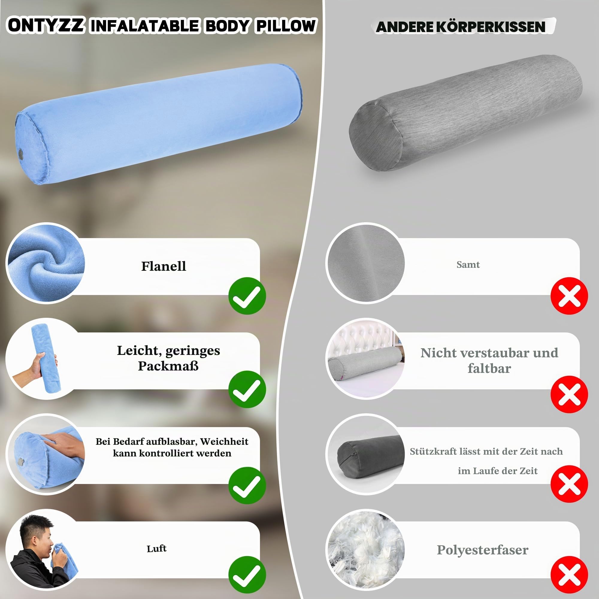ONTYZZ Seitenschläferkissen Aufblasbar Körperkissen Erwachsene Kinder Kissen Seitenschläfer Komfortkissen für Umarmendes Schlafen Rücken Nacken Lagerungskissen 120 * 20CM