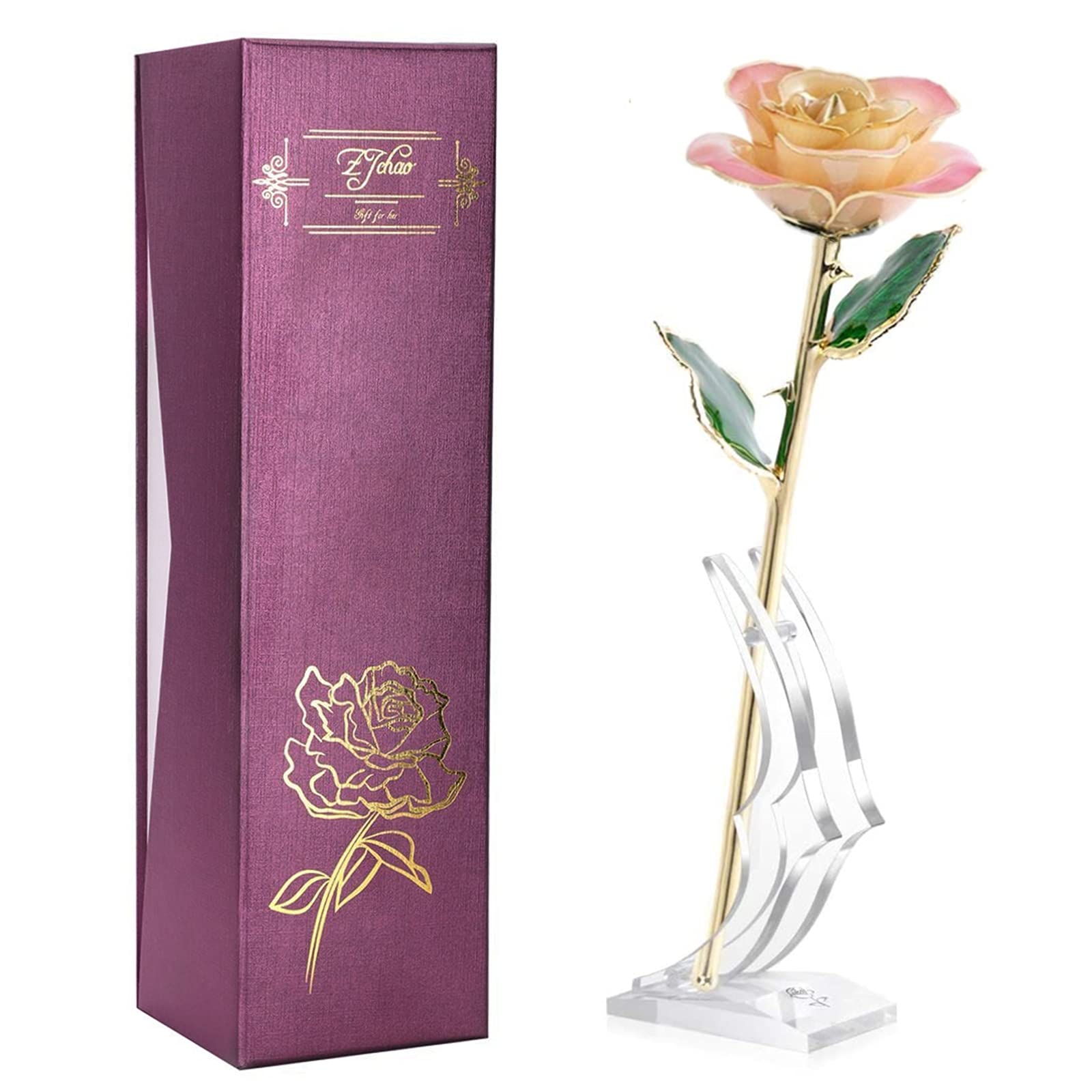 ZJchao 24K for Her, Dipped Gold Rose Love Real Golden Plated Preserved Eternal Flower with Rose Stand Present for Wife/Girlfriend/Daughter (Peach)