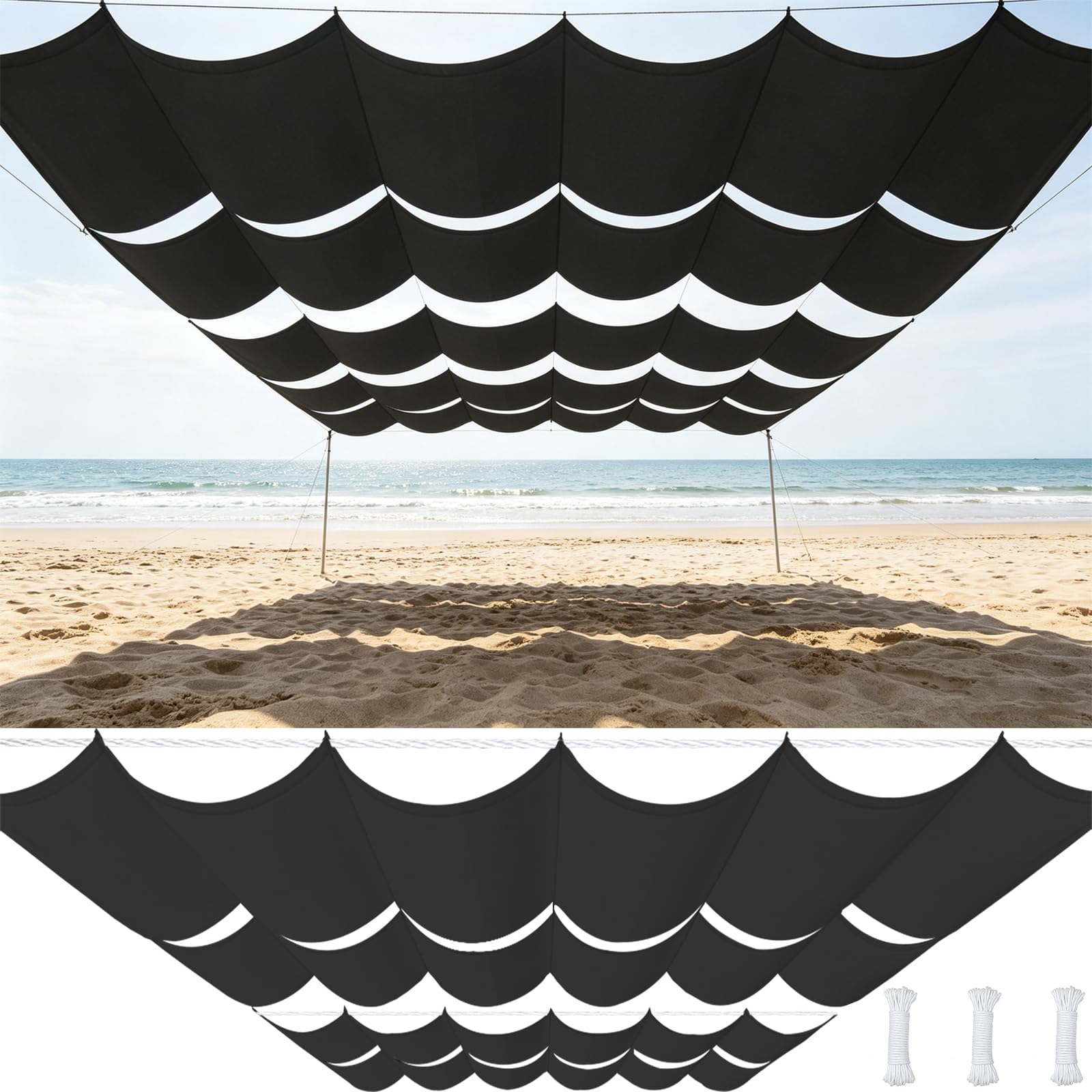 Voile d'ombrage à La Vague toile pergola rectangulaire noire 0.7x8 m avec corde