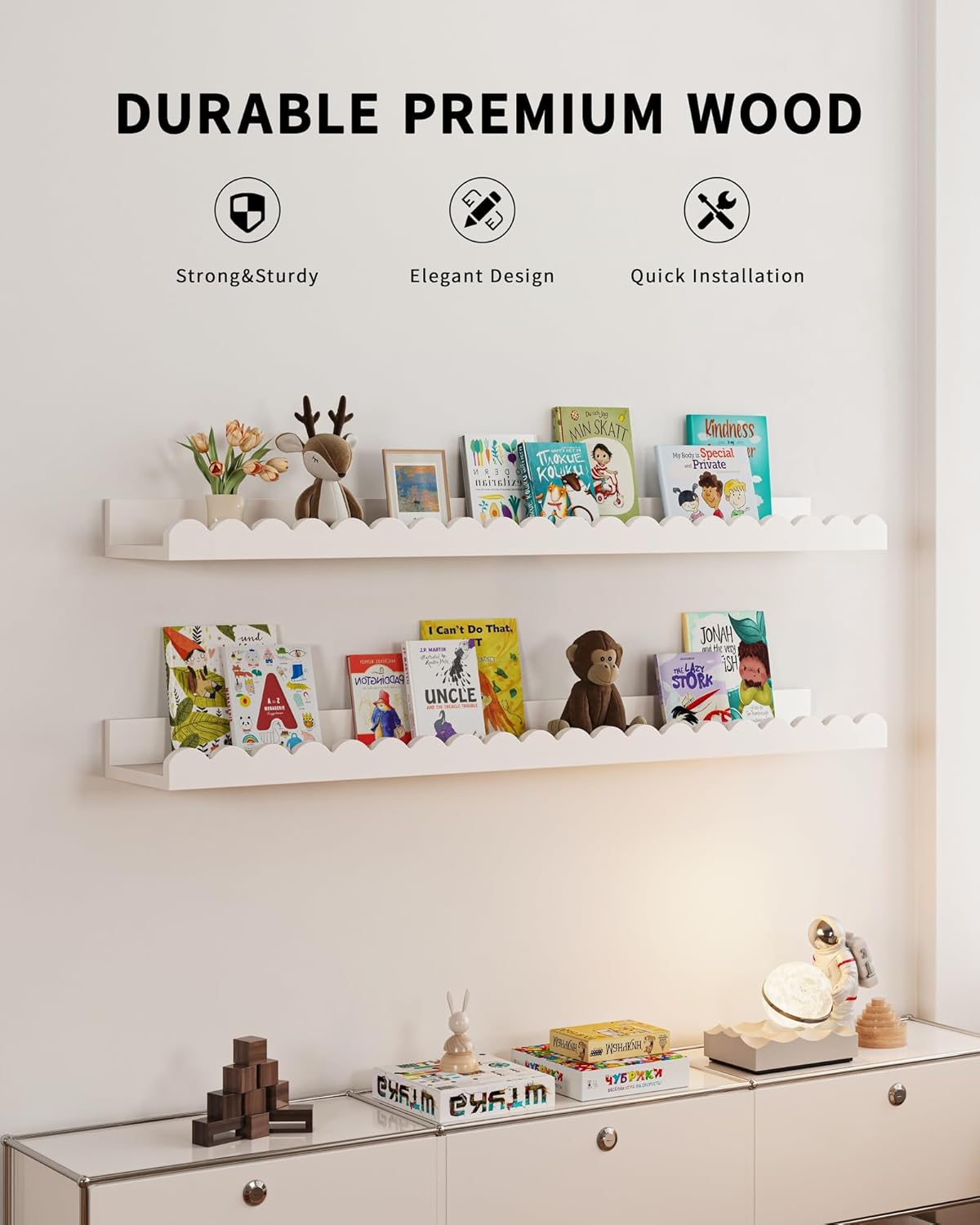 shario nursery book shelves, 4-pack wood floating shelves for wall kids, scalloped shelves, wall book shelves for bedroom kids, toddler room, baby room, nursery decor (white, 31.5 inches) 31.5 inches white