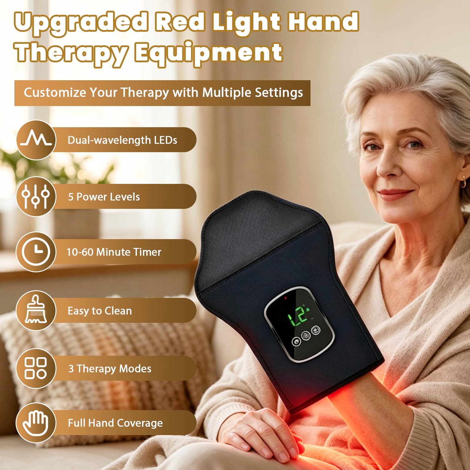 BRGD Guante Calefactor Inalámbrico de Luz Roja, Lámpara de Luz Roja Guantes 100 LED 660nm y 850nm Lámpara Infrarroja para Manos o Articulaciones, 3 Modos y 5 Niveles de Intensidad