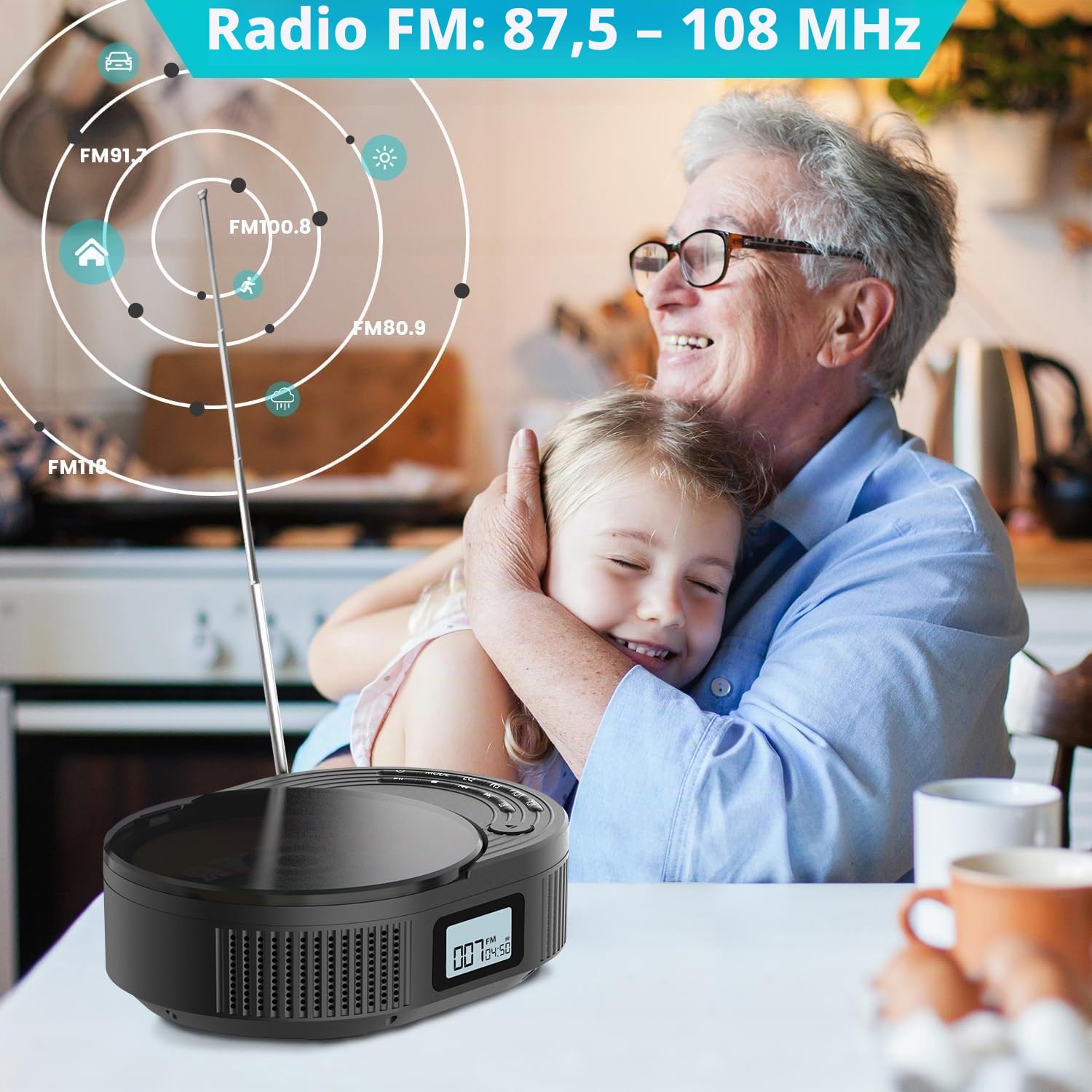 MONODEAL Lettore CD Bluetooth e radio FM 2 in 1, ricaricabile, lettore CD portatile con altoparlante, supporto AUX/USB, nero