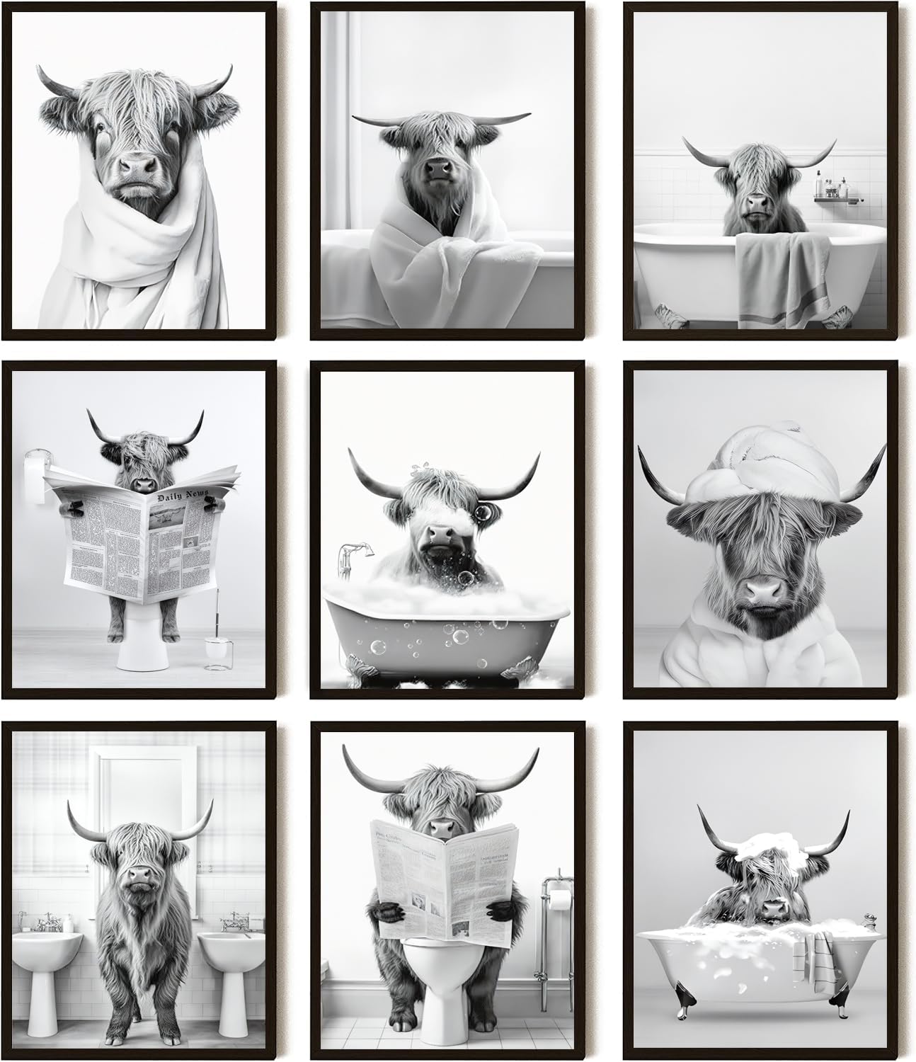 SEHSUVC Funny Bathroom Cow Posters Wall Art Set of 9, Vintage Black and White Highland Cow Canvas Wall Decor Painting, Humor Animals Pictures Prints