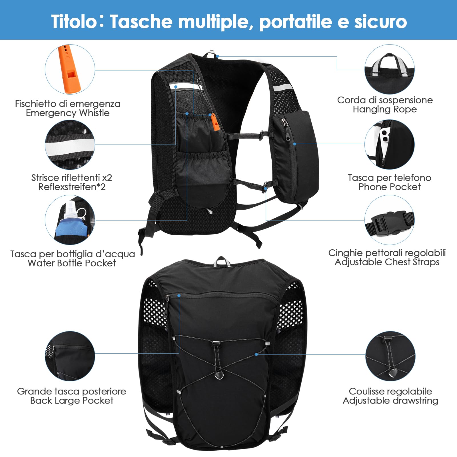 Gilet da Corsa Uomo Donna 140 g con Soft Flask 500 ml, Riflettente | Fischietto di Emergenza, Strisce Riflettenti, Traspirante, Cinghie Regolabili, Tasche Multiple