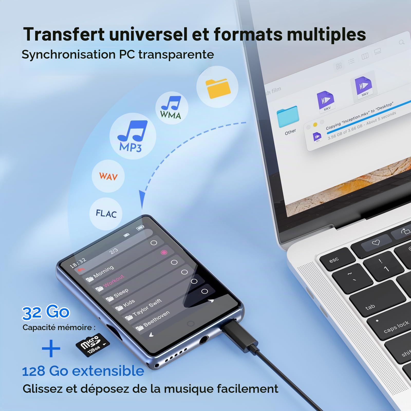 Lecteur MP3 Bluetooth 5.3 avec Écran Tactile Complet de 2,8 Pouces, Haut-Parleur Intégré, 32 Go (Prend en Charge Jusqu'à 128 Go), Baladeur Musique HiFi sans Perte avec Radio FM