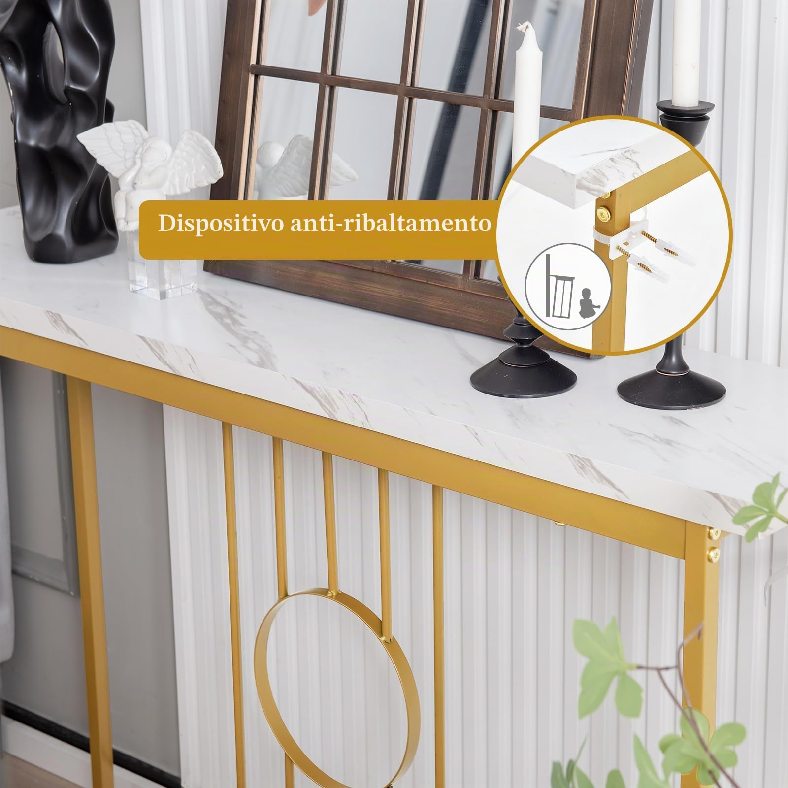 GIANTEX Tavolo Console da ingresso, ingresso stretto con piano in marmo imitazione e struttura in metallo dorato, tavolo laterale da 120 cm per corridoio, soggiorno, 120 x 30 x 80,5 cm