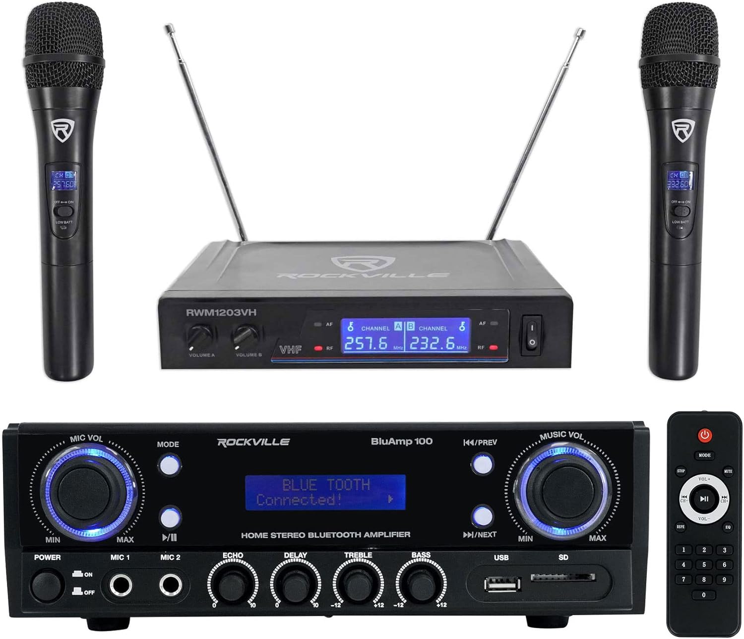 Rockville Home Audio Bundle: BLUAMP 100 Bluetooth Amplifier with USB, Mic Input, RCA Output, RWM1203VH VHF Dual Handheld Dynamic Microphone System with Digital Display, 2-Items