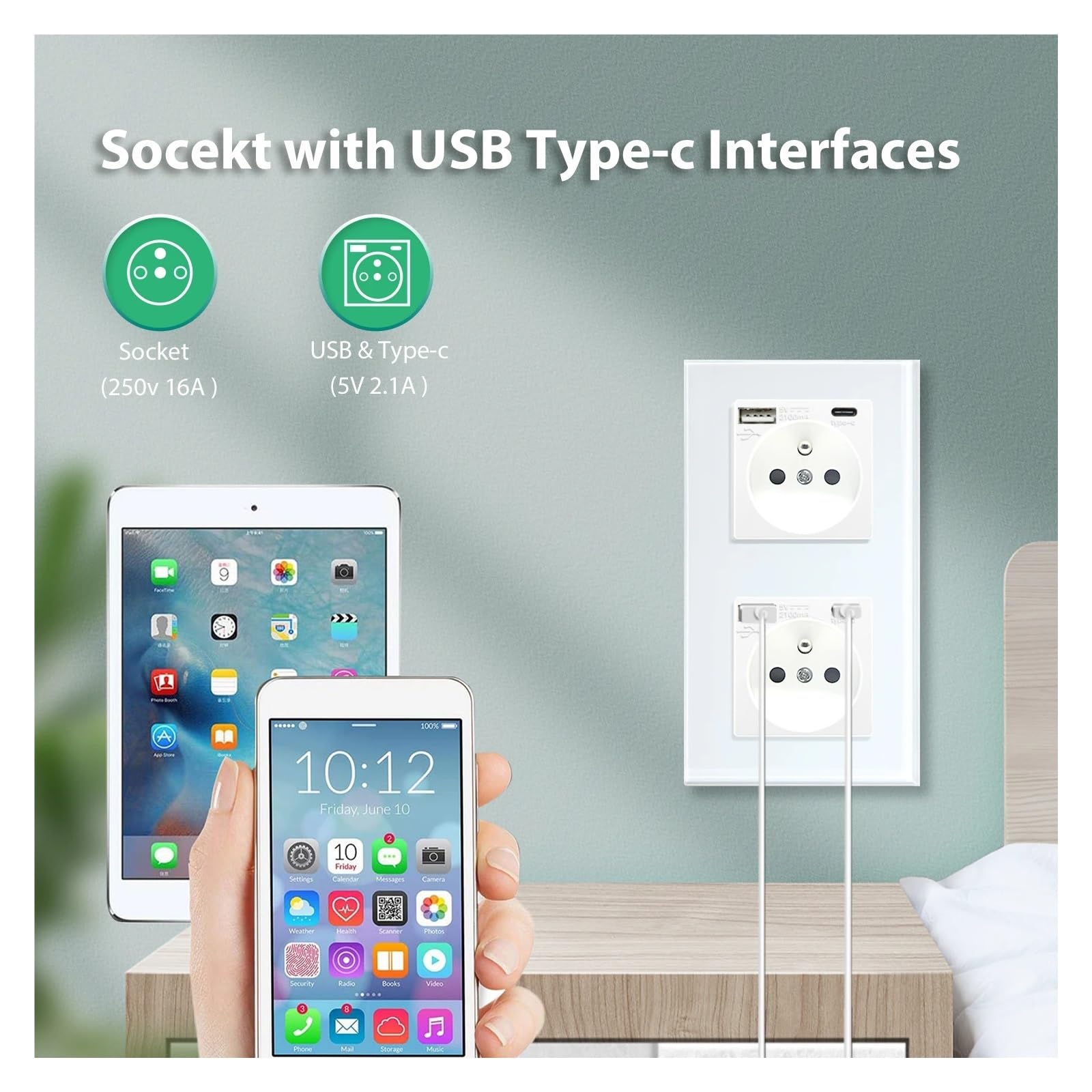 Prises de courant murales simples, Standard français, Double prise de Port USB type-c, panneau en verre cristal, Protection des enfants 16A(Double Socket Gray)