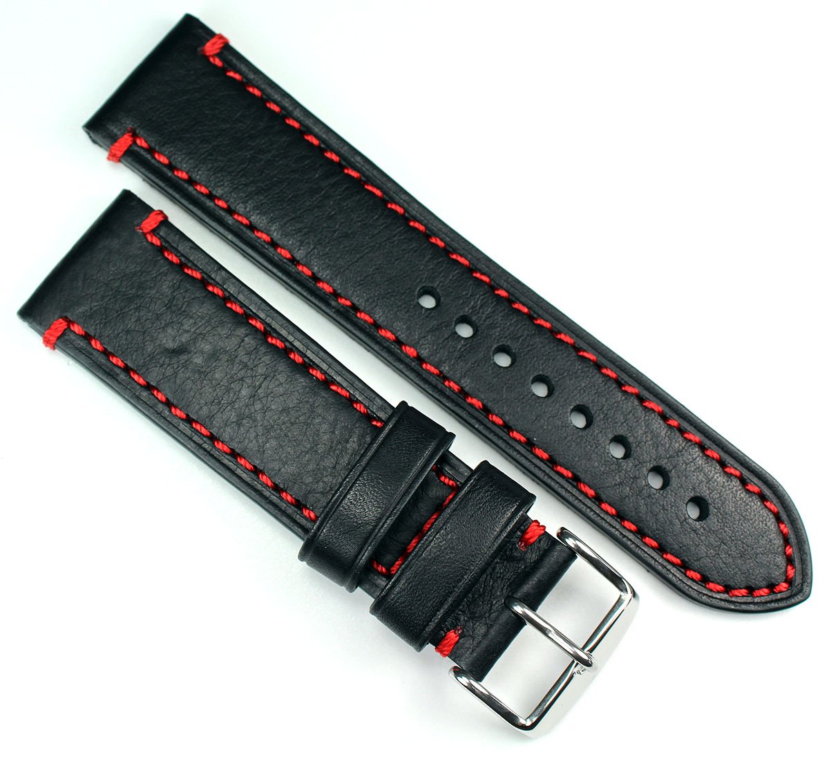 Sulla 24mm Herren Leder Retro Pilot Uhrenarmband Catalonia Schwarz rote Naht