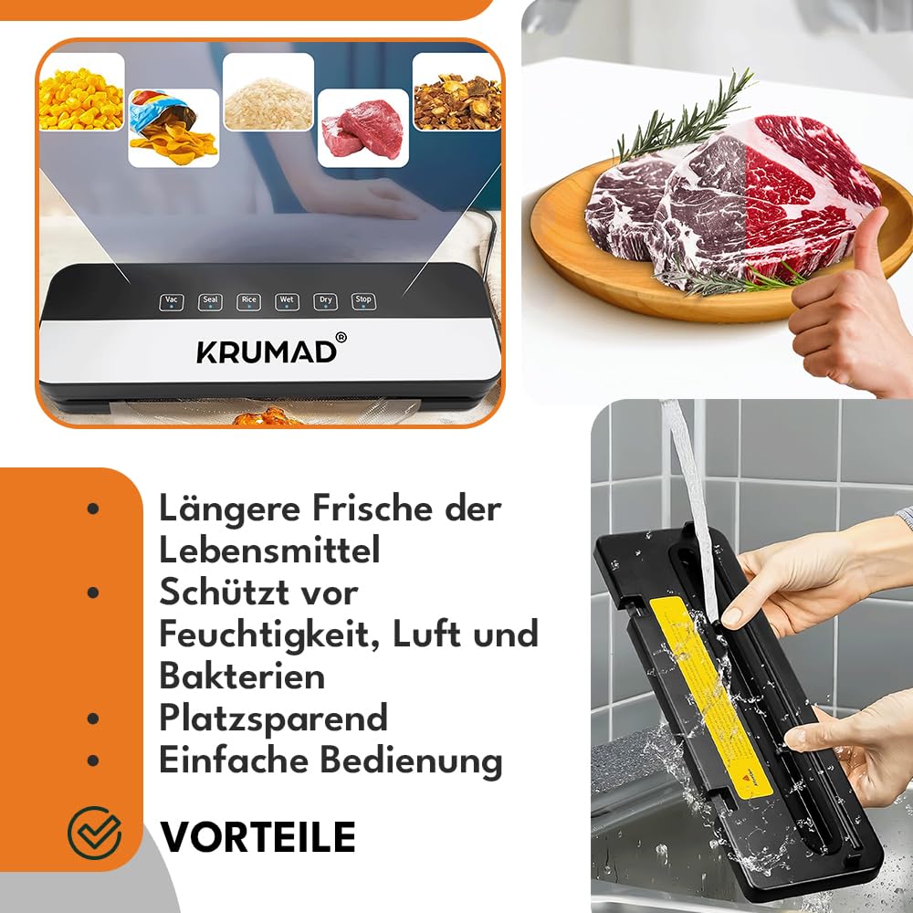 KRUMAD Vakuumiergerät 65kPa/130W Inkl. 10 Vakuumierer Beutel 25x20cm, 5 Modi, mit 30cm Schweißnaht, Vakuumierer für Lebensmittel, Folienschweißgerät, Für Trockene & Feuchte Lebensmittel