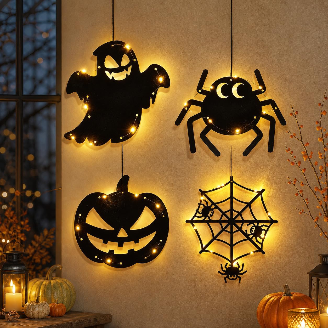 4PCS Halloween Decorations String Lights, Hanging Ghost Light for Party Supplies, LED Light Spider Window Light Indoor Outdoor