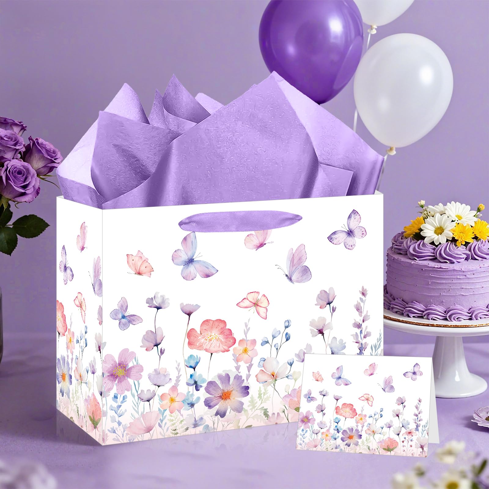 Purple Butterfly Gift Bag for Women Girls Purple Floral Birthday Party Favors Bags with Wrapping Tissue Paper and Greeting Card for Birthday Wedding Shower Party Supplies