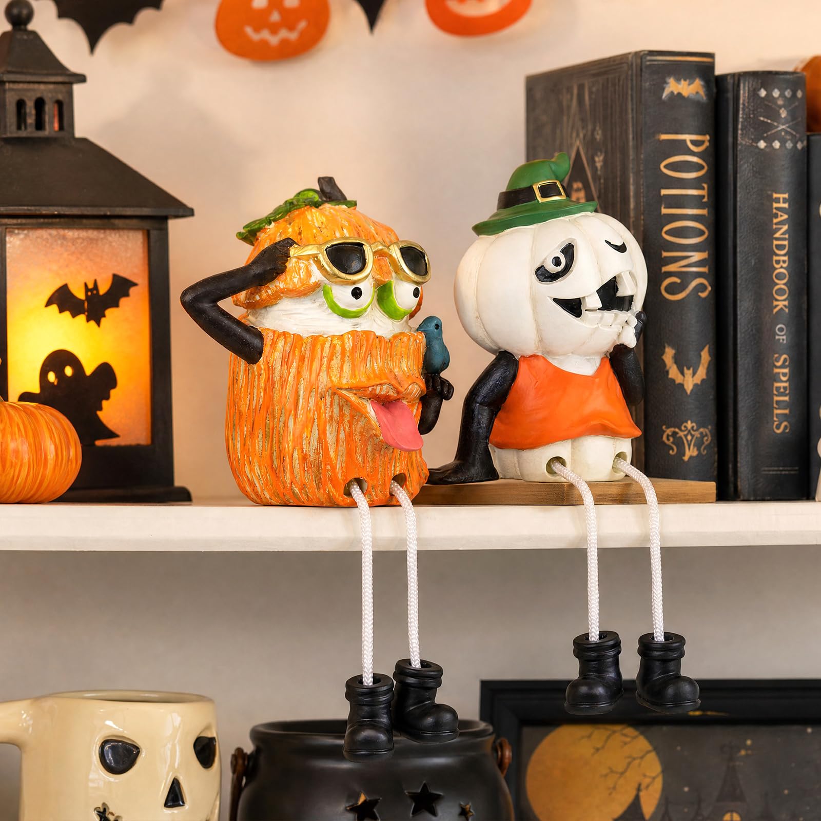 XJar Set di 2 statuette da mensola, zucche di Halloween con gambe