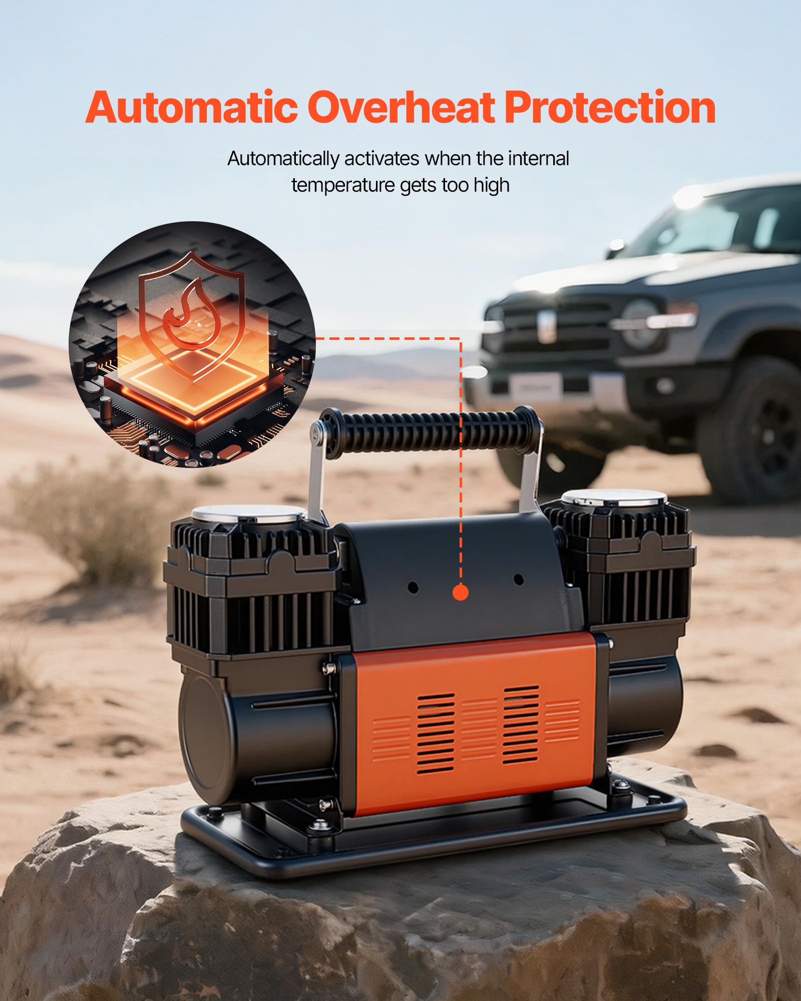 VEVOR Compresor de Aire de Doble Cilindro para Trabajo Pesado, Inflador de Neumáticos Portátil 300 L/min, con Manómetro Digital y Adaptadores a Camiones, SUV y Autocaravanas, 365 x 150 x 227 mm — view 5