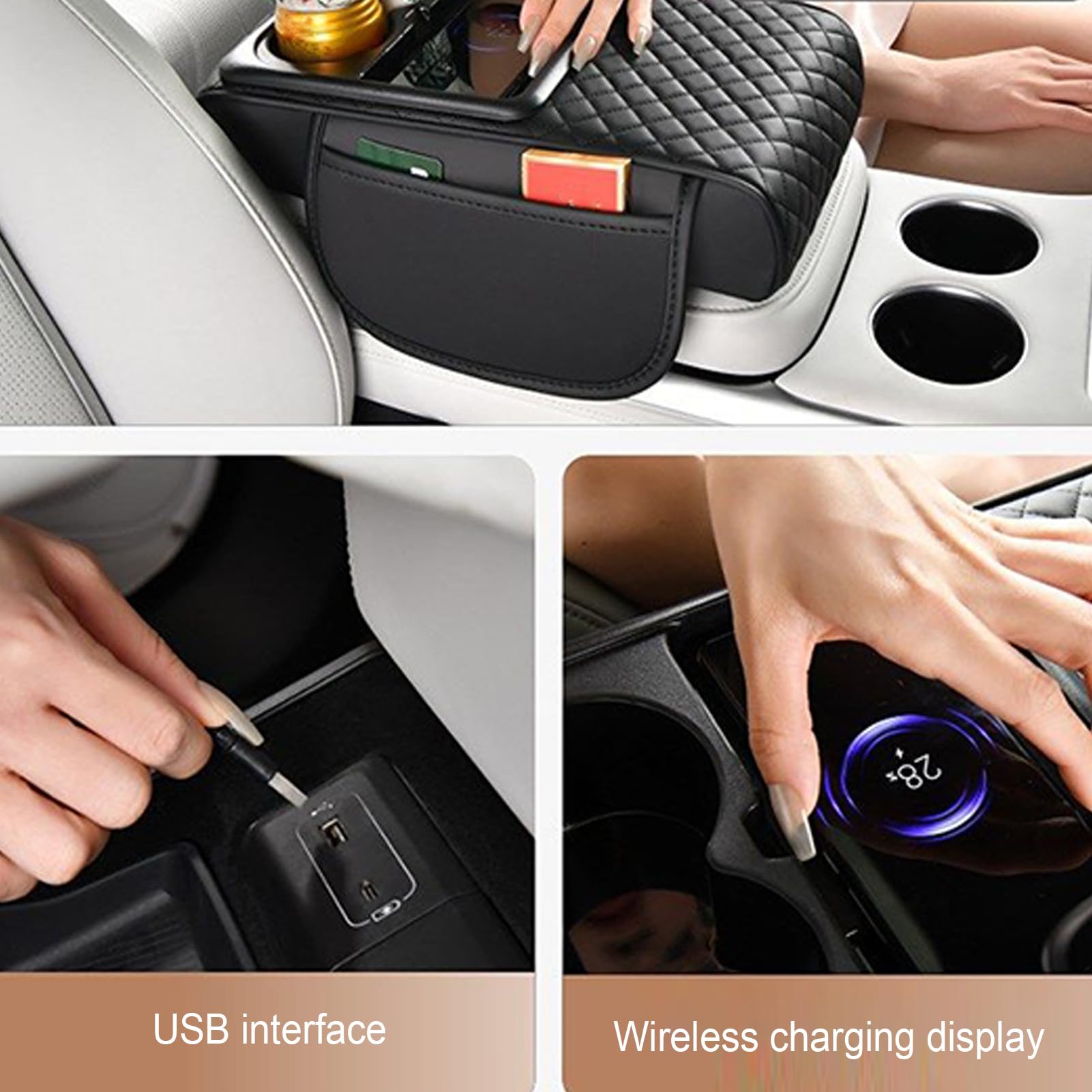 Autoarmruhe -Cover -Pad - künstliche Lederkonsolekissen, Seitentasche Organizer | Ellbogenunterstützung für die Armlehne des Autos, der Becherhalter für Tissue Box, Wasserflasche, Aufbewahrungsaufbewa