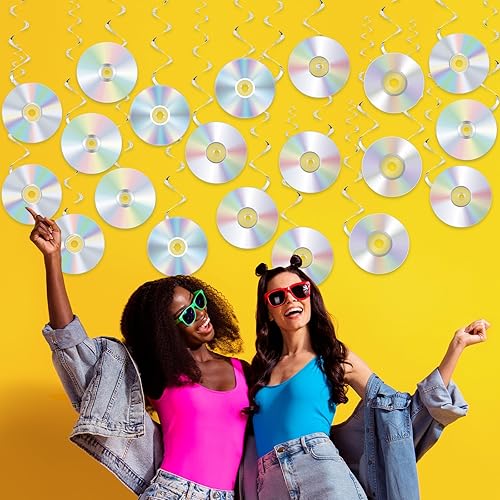 Miniatura 7 de Pajean Decoraciones de fiesta de los años 90, remolinos de CD, decoraciones colgantes retro de los años 80 y 90 con temática musical para techo,