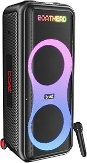 boAt New Launch PartyPal 600 Party Speaker, 220W Signature Sound, Dynamic Pixels, Animated Text Display, App Support, UHF Wireless Microphone, Colorful LEDs,7hrs Battery & Guitar Input(Premium Black)