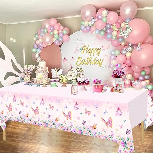 Miniatura 5 de ANFGANC Mantel rectangular de 3 piezas de mariposa rosa, decoración de fiesta de mariposa, mantel de plástico con temática de primavera para niña,
