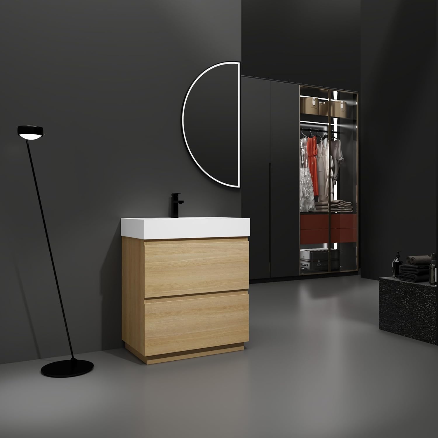 Bathroom Vanity,30'' Modern Freestanding,Set with Ceramic Sink, Mirror Cabinet,2 Drawers & Tip-Out Drawer,Space-Saving Storage Organizer,Over-Toilet or Narrow Bathrooms,Adjustable Shelves,Natural