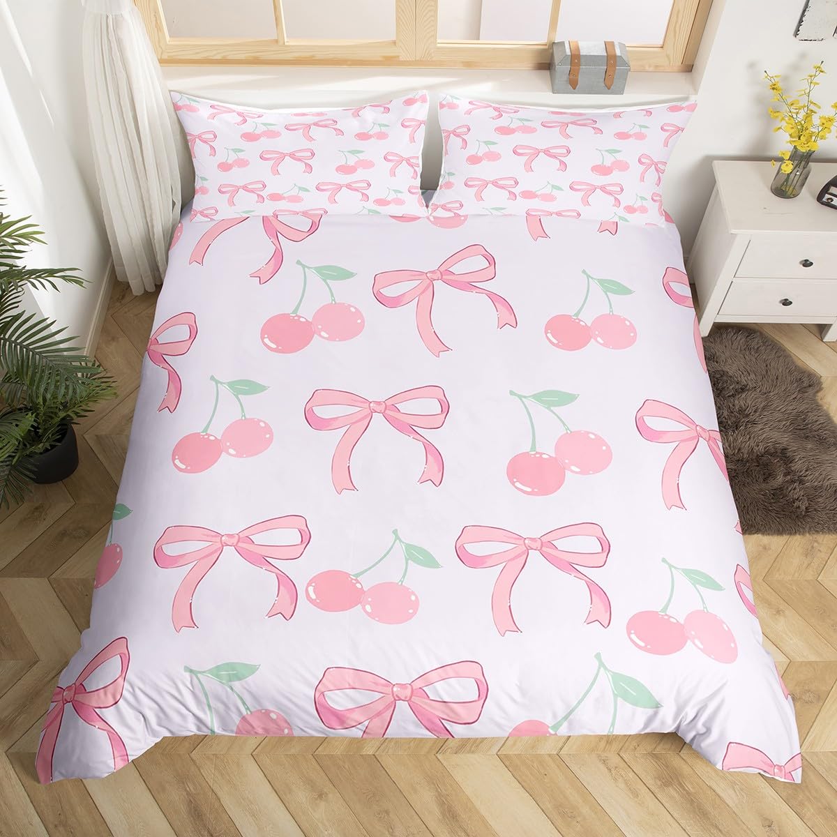 Manfei Cute Bows Duvet Cover Set Single Size, Pink Cherry Bedding Set 2pcs, Cartoon Bowknot Cherry Print Comforter Cover