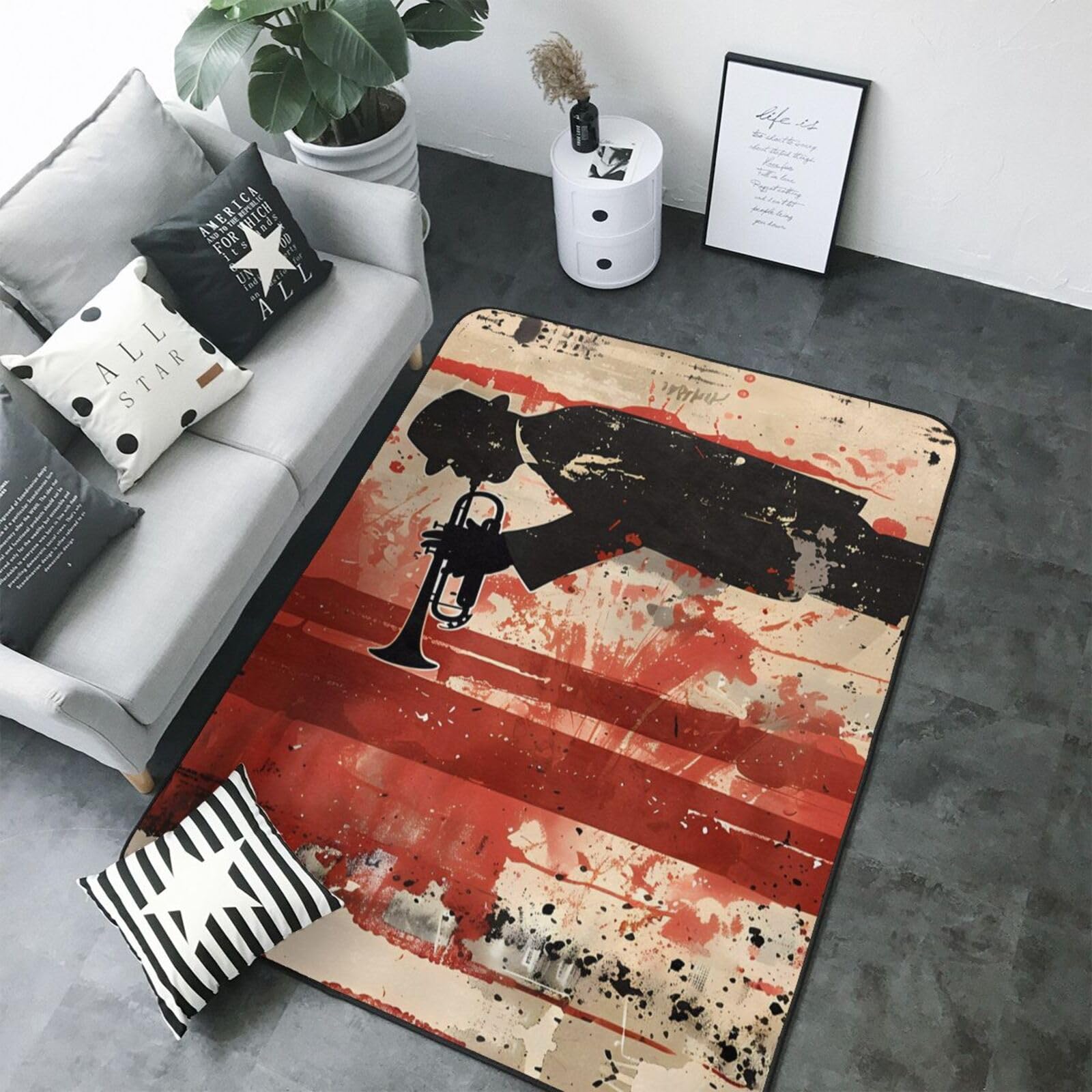 Tapis trompette rouge 203x147 cm antidérapant et lavable pour salon