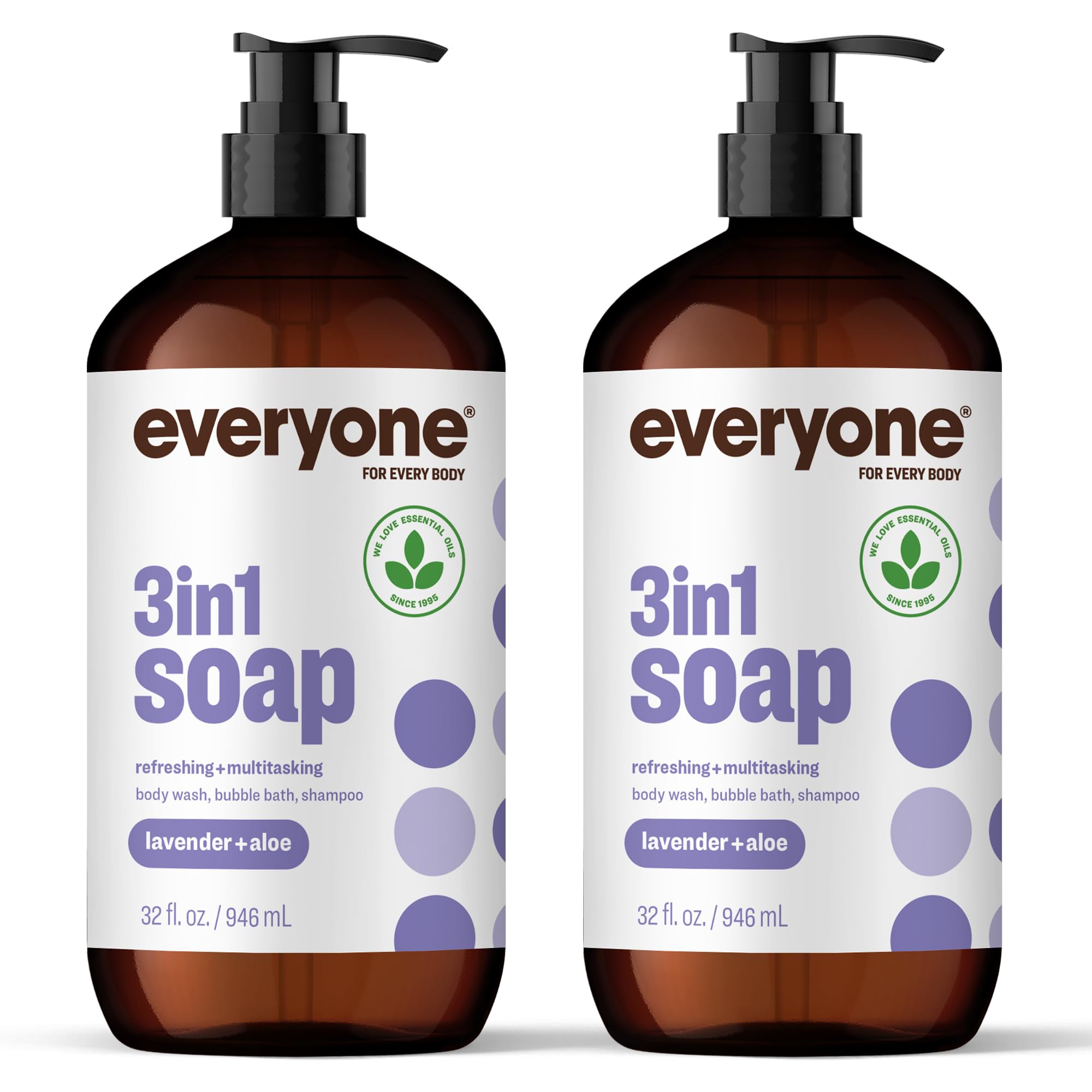 Everyone 3-in-1 Soap, Body Wash, Bubble Bath, Shampoo, 32 Ounce (Pack of 2), Lavender and Aloe, made with Essential Oils for Men and Women