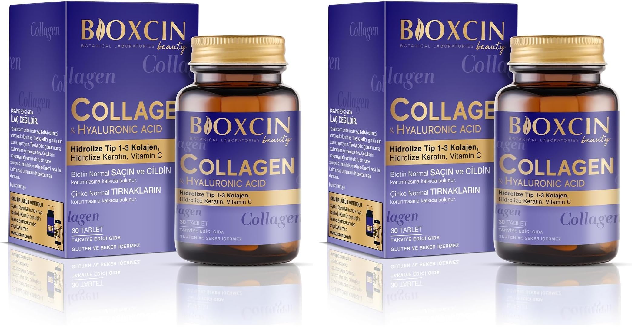 Bioxcin Beauty Collagen 30 Tablet – Tip1 Tip 3 Hidrolize Kolajen, Hyaluronik Asit, Vitamin C ve Biotin İçeren Takviye (2 paketi)