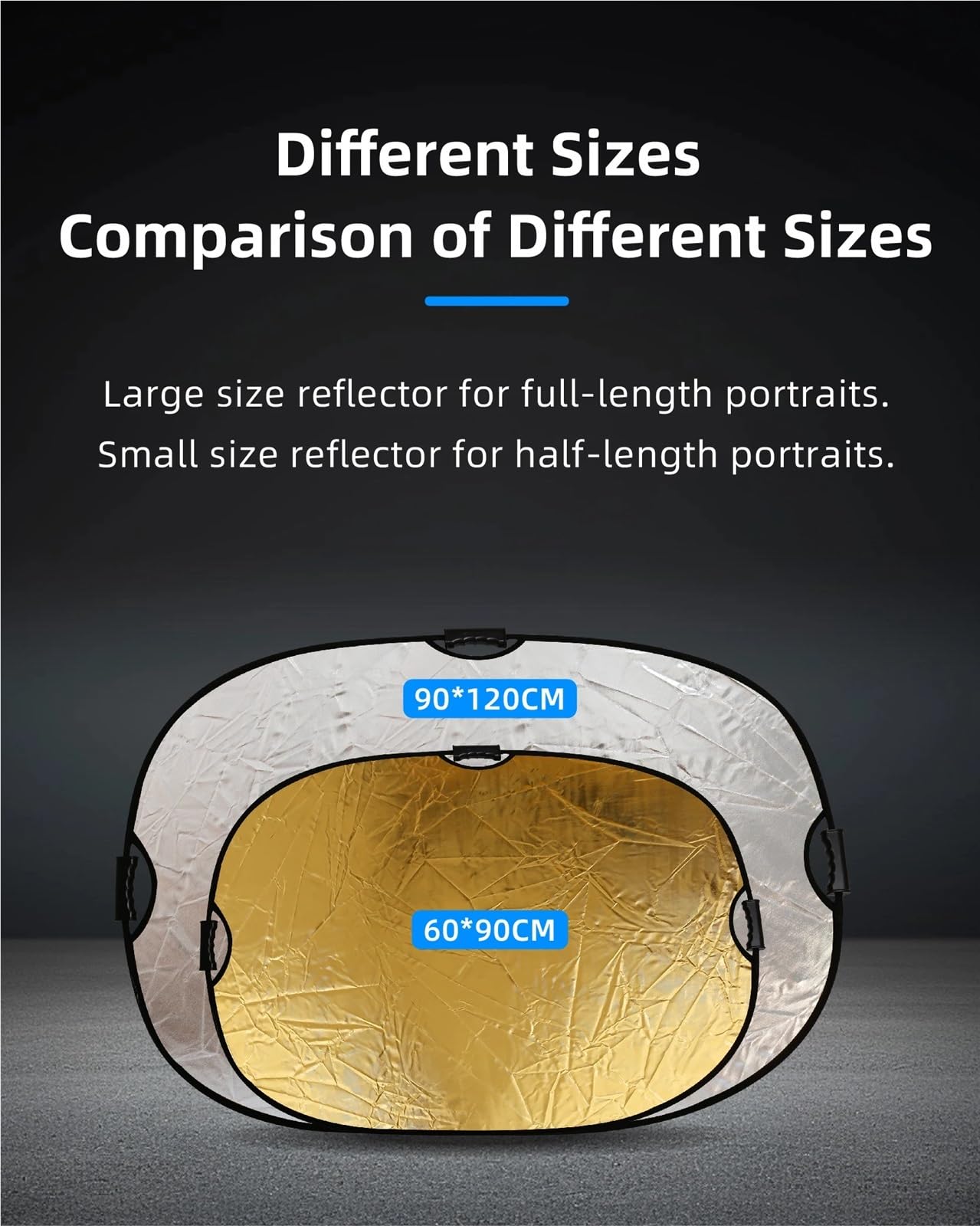 Reflector RF04 de 24 Pulgadas, 5 en 1, 60 x 90 cm, 120, Plateado, Blanco y Dorado, portátil, Plegable, luz, Redondo, for fotografía Estudio(90X120CM G-S)