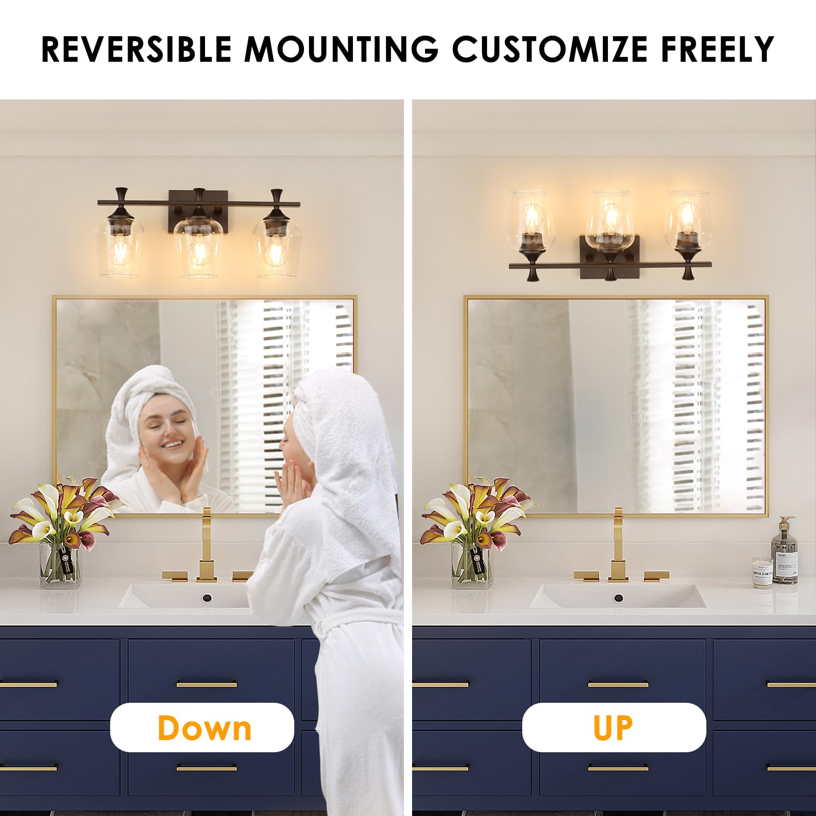 Bathroom Vanity Light Fixtures Over Mirror,3 Light Modern Vanity Lighting with Clear Wine Glass Bathroom Lighting Bath Wall Lamp Oil Rubbed Bronze Orb Upgrade for Kitchen Living Room Hallway