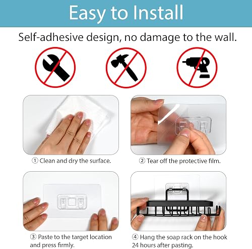 YoHyien 2 Pezzi Acciaio Inossidabile Portasapone da Muro, Porta Sapone Doccia Adesivo con Ganci e Salvasapone, Portasaponetta senza Foratura per Bagno, Cucina, Impermeabile e Antiruggine (Nero) - 6