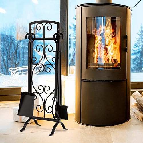 Vista 16 de Tangkula Juego de chimenea de 5 piezas, rústico, resistente, compacto, de hierro forjado, juego de herramientas con pedestal, herramienta de hogar
