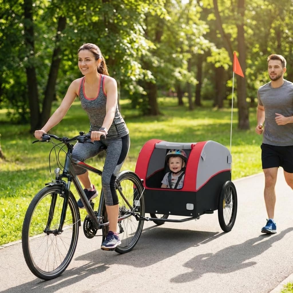Bike Trailer Black and Bicycle Cargo Trailer Red 99.2 lb Iron, Heavy-Duty Child and Pet Bicycle Trailer, Steel Frame with Bike carts for Cargo Harness, for Toddlers Dogs Outdoor