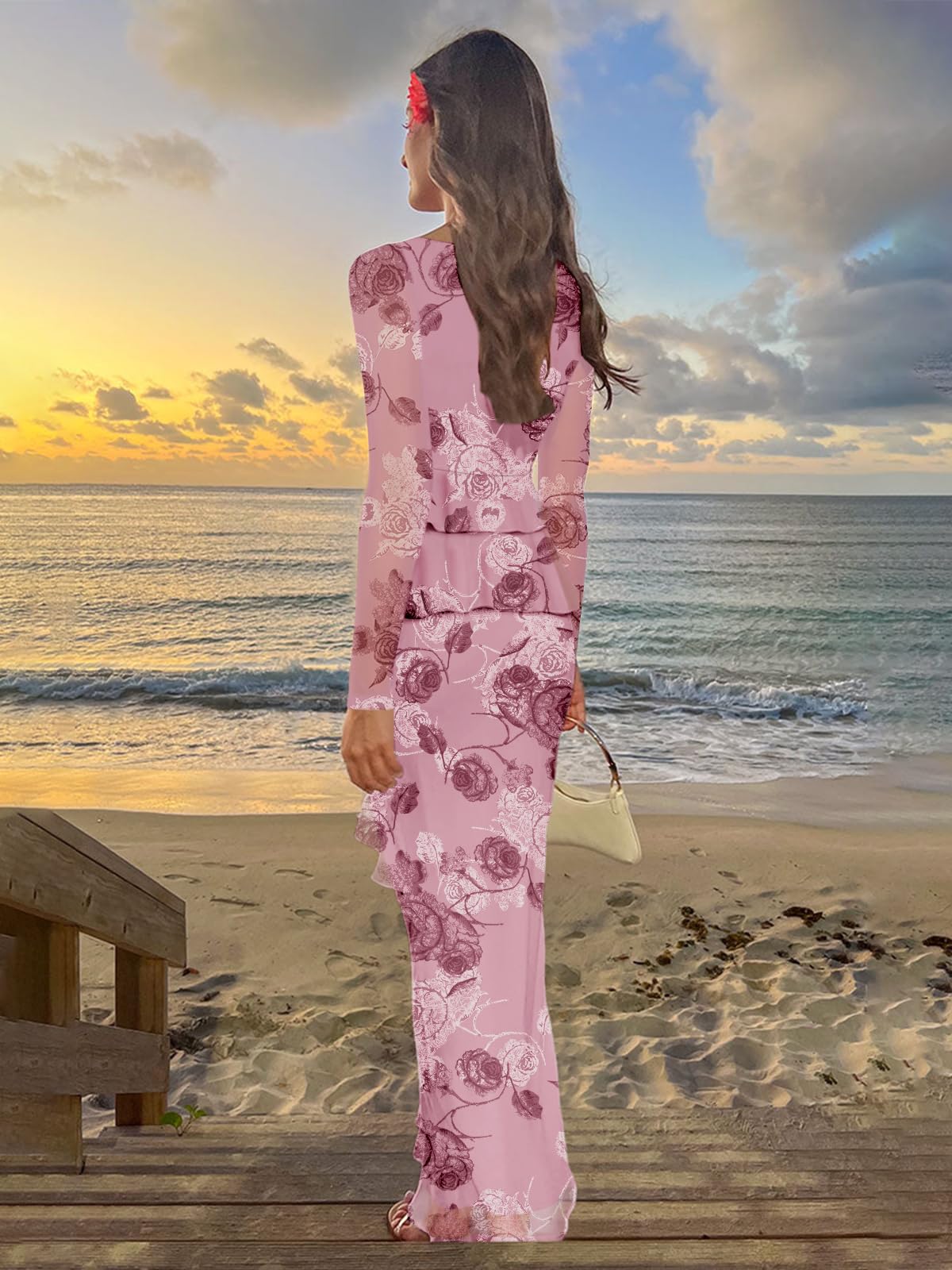 SEBOWEL Ensemble deux pièces en maille florale pour femme - Jupe à manches longues froncée - Jupe moulante à volants - Robe de cocktail formelle